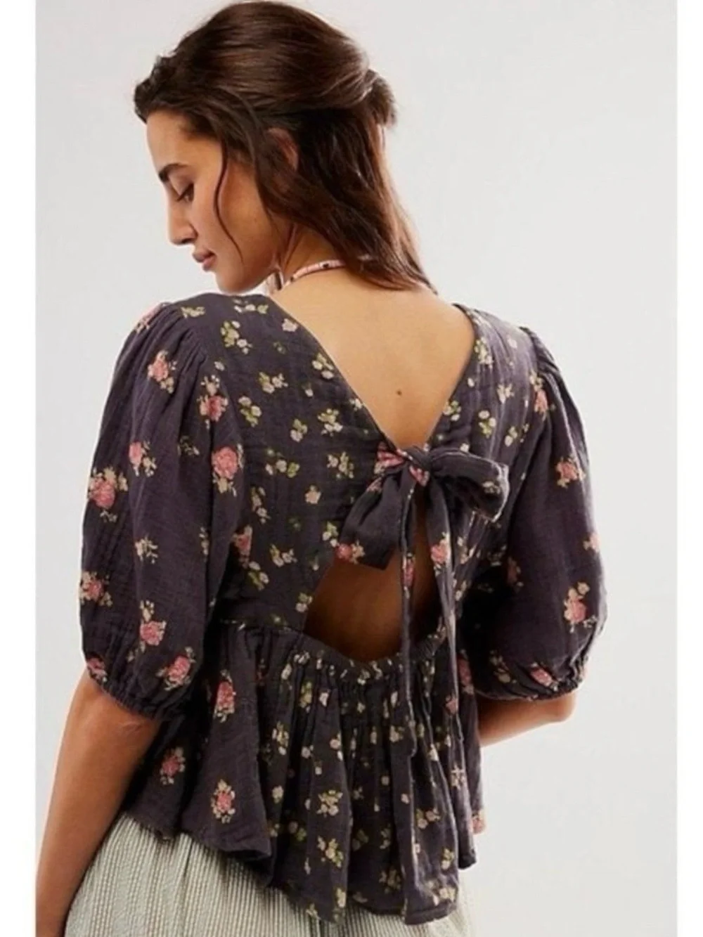 Free People Chloe Printed Top Washed Black Floral Large NWT Cottage Bow Gauze